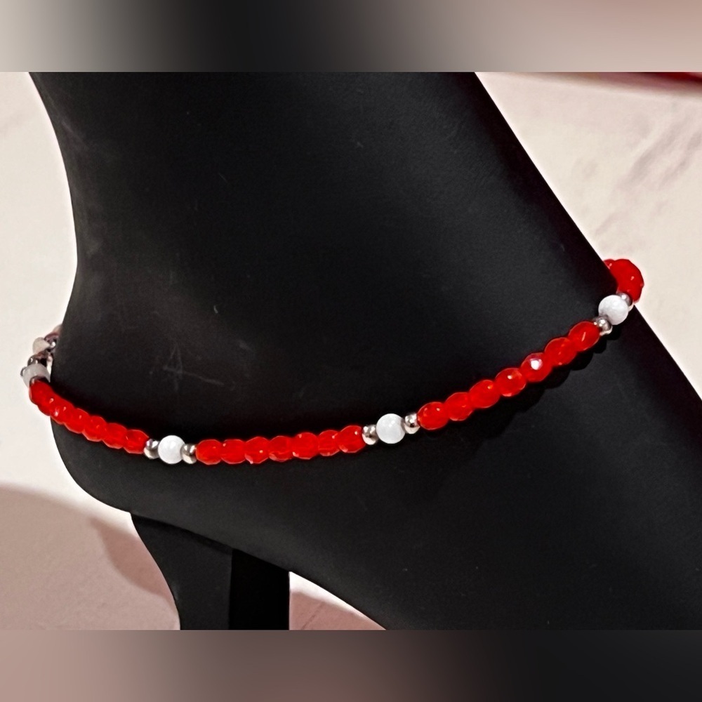 Vibrant Red and White Handmade Beaded Ankle Bracelet